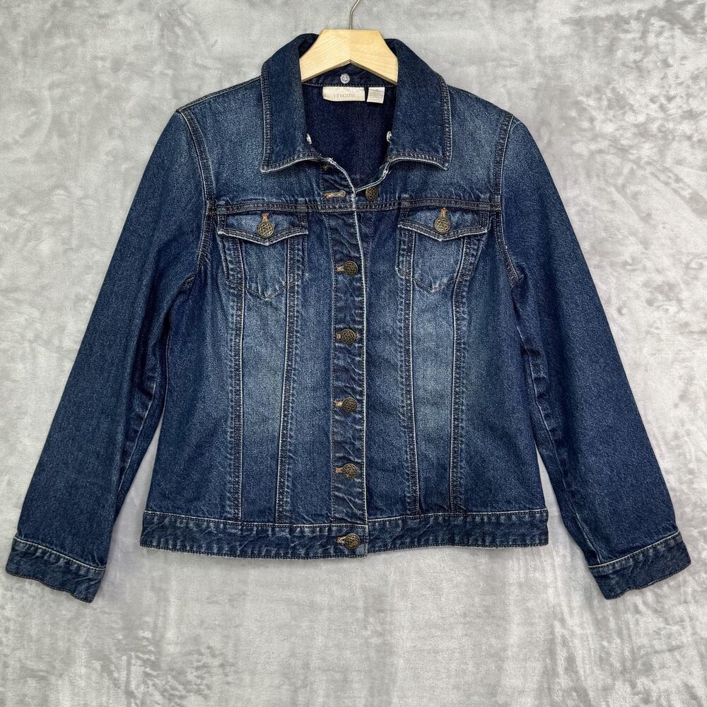 Chico's Jacket Womens Medium Blue Denim Jean Trucker Button Front Logo Buttons